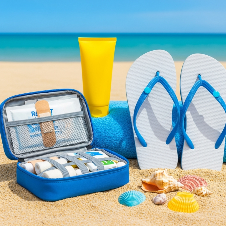 Qué llevar en el botiquín para un destino en la playa Kit de playa con sandalias, protector solar y conchitas en la arena.