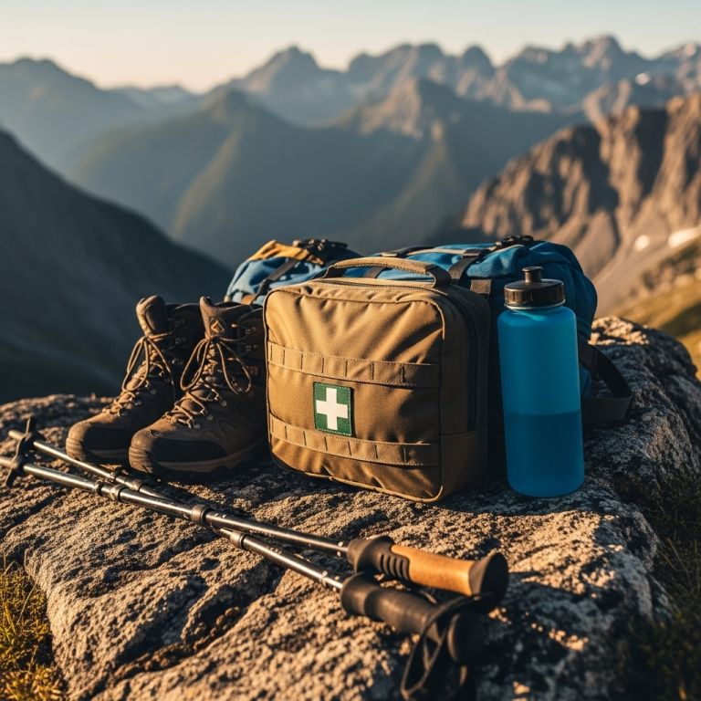 Qué llevar en el botiquín para un viaje a la montaña Equipo de senderismo: botas, mochila, botella y kit de primeros auxilios en una roca.