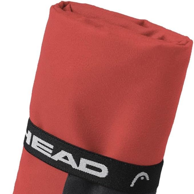 Funda roja con banda negra con texto de la marca HEAD.